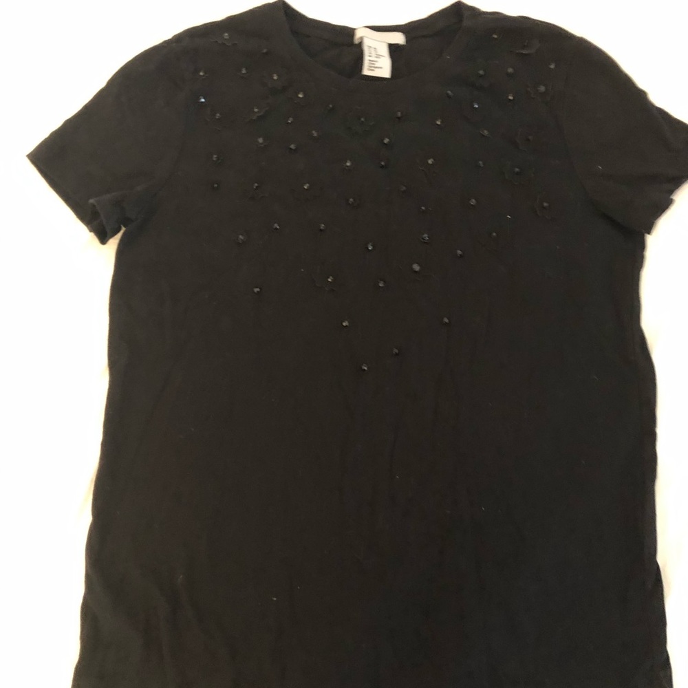 H&M black floral beaded cotton boho Atleasure beach vacation comfy t-shirt, XS